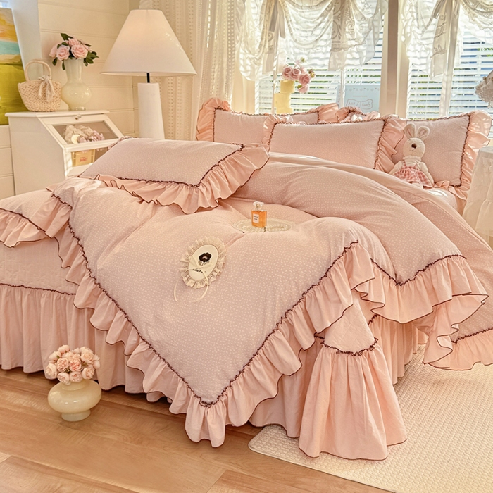 91家纺网 家纺一手货源 找家纺 苏米娜2026春夏新品韩版公主风超柔水洗棉床盖四件套刺绣针织棉双层纱纯棉棉麻全棉公主风床盖款四件套