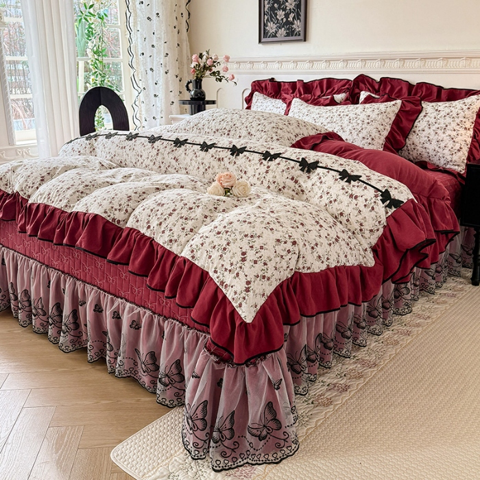 91家纺网 家纺一手货源 找家纺 苏米娜家纺 2026春夏新款超柔云朵棉古法水洗棉床盖款四件套--赫本风系列  梨花落 