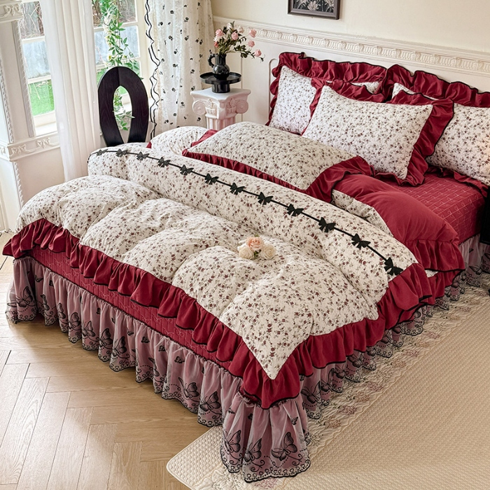 91家纺网 家纺一手货源 找家纺 苏米娜家纺 2026春夏新款超柔云朵棉古法水洗棉床盖款四件套--赫本风系列  梨花落 