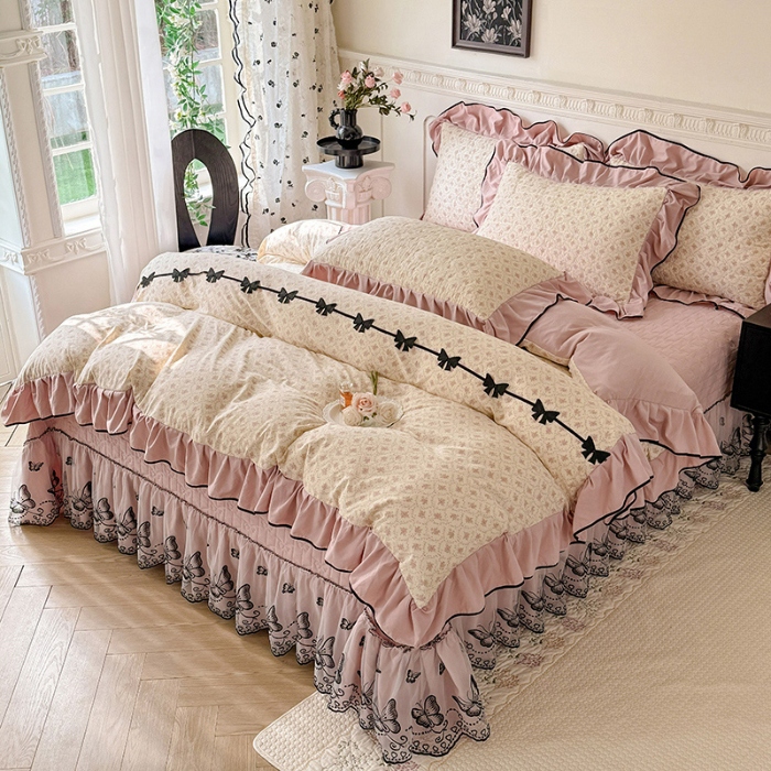 91家纺网 家纺一手货源 找家纺 苏米娜家纺 2026春夏新款超柔云朵棉古法水洗棉床盖款四件套--赫本风系列 落日甜茶