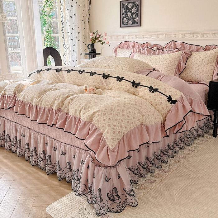 91家纺网 家纺一手货源 找家纺 苏米娜家纺 2026春夏新款超柔云朵棉古法水洗棉床盖款四件套--赫本风系列 落日甜茶