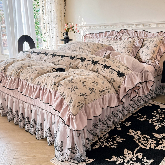 91家纺网 家纺一手货源 找家纺 苏米娜家纺 2026春夏新款超柔云朵棉古法水洗棉床盖款四件套--赫本风系列 橘子花开