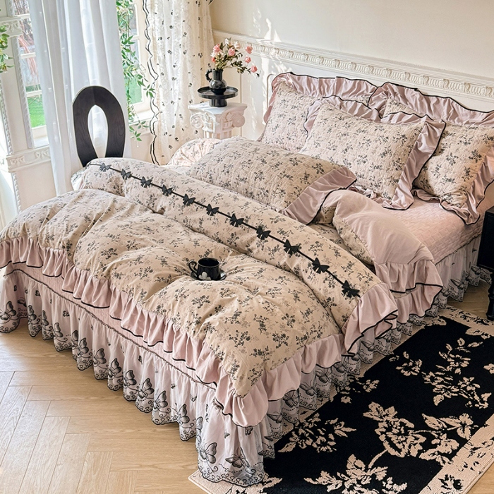 91家纺网 家纺一手货源 找家纺 苏米娜家纺 2026春夏新款超柔云朵棉古法水洗棉床盖款四件套--赫本风系列 橘子花开