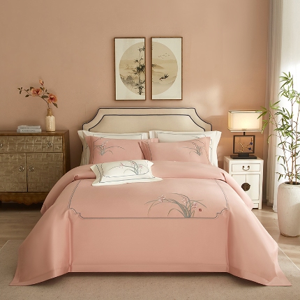 91家纺网 家纺一手货源 找家纺 50S50支澳棉刺绣长绒棉四件套全棉新中式花卉直播爆款线下批发 兰花粉