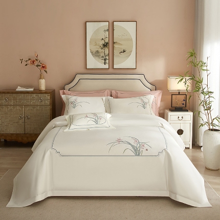 91家纺网 家纺一手货源 找家纺 50S50支澳棉刺绣长绒棉四件套全棉新中式花卉直播爆款线下批发 兰花白