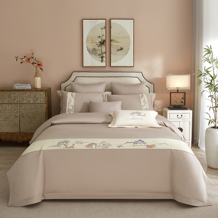 91家纺网 家纺一手货源 找家纺 50S50支澳棉刺绣长绒棉四件套全棉新中式花卉直播爆款线下批发 忆江南