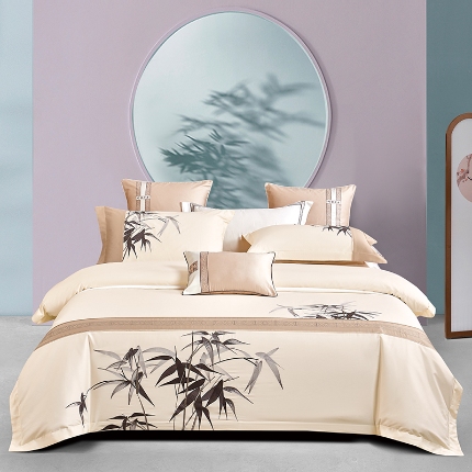 91家纺网 家纺一手货源 找家纺 50S50支澳棉刺绣长绒棉四件套全棉新中式花卉直播爆款线下批发竹报平安