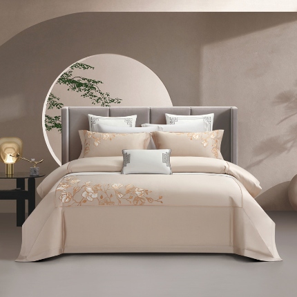 91家纺网 家纺一手货源 找家纺 60支60S长绒棉刺绣四件套全棉直播爆款新中式简约花卉 温婉米驼