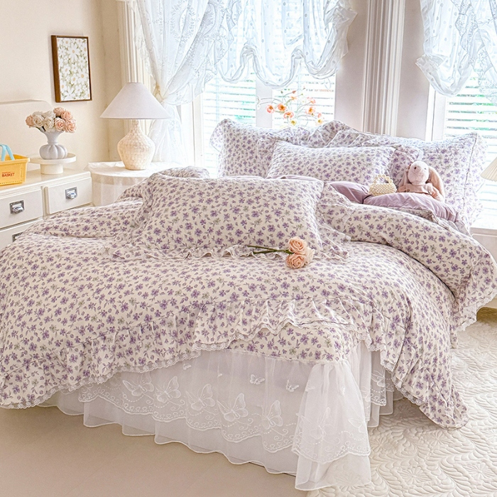 91家纺网 家纺一手货源 找家纺 苏米娜家纺 2026春夏新款超柔云朵棉古法水洗棉床盖款四件套--小清新系列 紫韵花梦