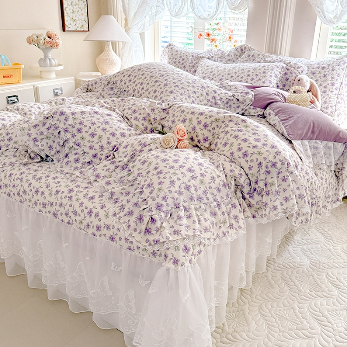 91家纺网 家纺一手货源 找家纺 苏米娜家纺 2026春夏新款超柔云朵棉古法水洗棉床盖款四件套--小清新系列 紫韵花梦