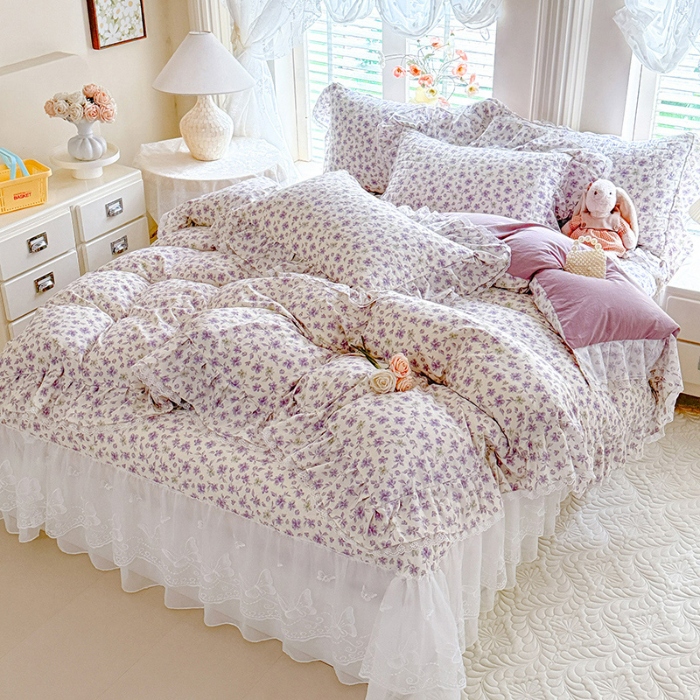 91家纺网 家纺一手货源 找家纺 苏米娜家纺 2026春夏新款超柔云朵棉古法水洗棉床盖款四件套--小清新系列 紫韵花梦