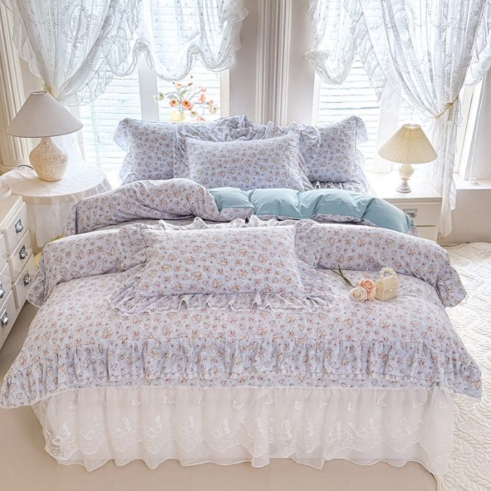 91家纺网 家纺一手货源 找家纺 苏米娜家纺 2026春夏新款超柔云朵棉古法水洗棉床盖款四件套--小清新系列 兰亭序