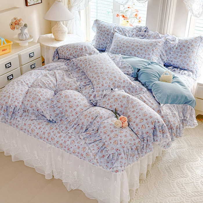 91家纺网 家纺一手货源 找家纺 苏米娜家纺 2026春夏新款超柔云朵棉古法水洗棉床盖款四件套--小清新系列 兰亭序