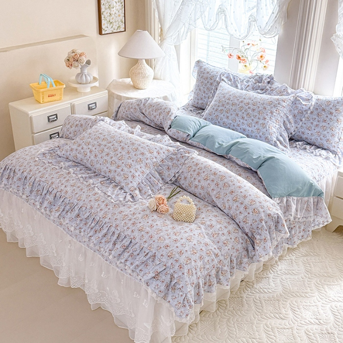 91家纺网 家纺一手货源 找家纺 苏米娜家纺 2026春夏新款超柔云朵棉古法水洗棉床盖款四件套--小清新系列 兰亭序