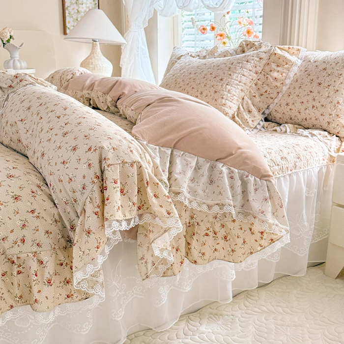 91家纺网 家纺一手货源 找家纺 苏米娜家纺 2026春夏新款超柔云朵棉古法水洗棉床盖款四件套--小清新系列 陌上花开 