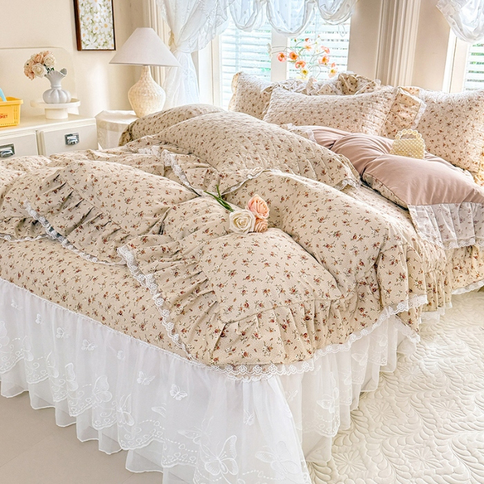 91家纺网 家纺一手货源 找家纺 苏米娜家纺 2026春夏新款超柔云朵棉古法水洗棉床盖款四件套--小清新系列 陌上花开 