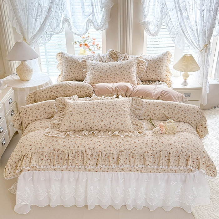 91家纺网 家纺一手货源 找家纺 苏米娜家纺 2026春夏新款超柔云朵棉古法水洗棉床盖款四件套--小清新系列 陌上花开 