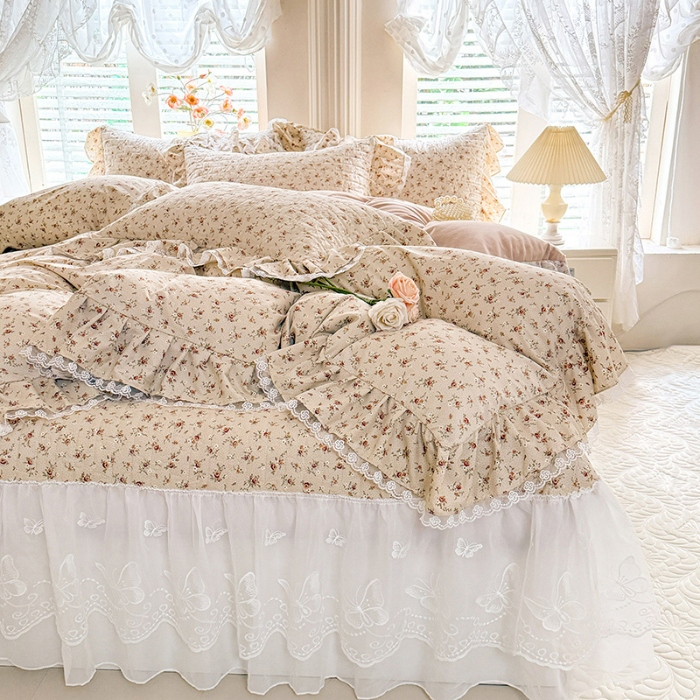 91家纺网 家纺一手货源 找家纺 苏米娜家纺 2026春夏新款超柔云朵棉古法水洗棉床盖款四件套--小清新系列 陌上花开 