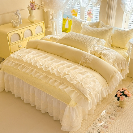 91家纺网 家纺一手货源 找家纺 （总）漫布云2026春夏新品韩版公主风小清新水洗棉床盖四件套针织棉双层纱纯棉棉麻全棉公主风床盖款四件套