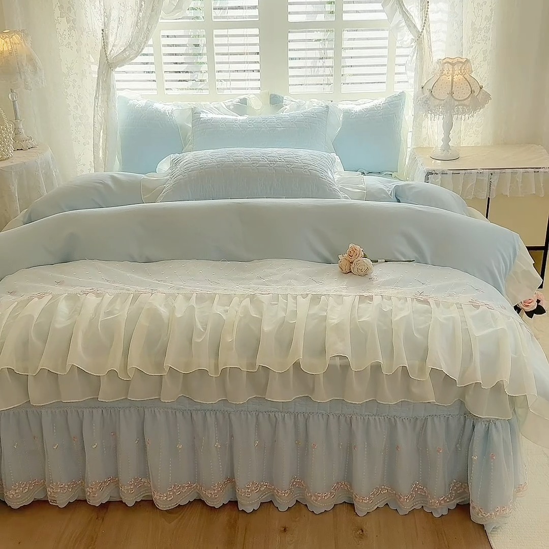 91家纺网 家纺一手货源 找家纺 （总）苏米娜2026春夏新品韩版公主风小清新水洗棉床盖四件套针织棉双层纱纯棉棉麻全棉公主风床盖款四件套