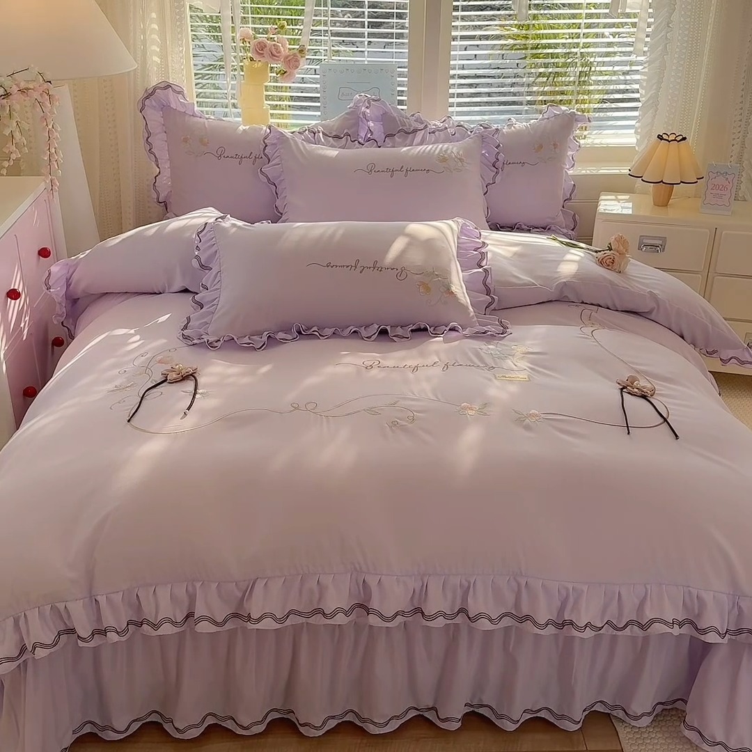 91家纺网 家纺一手货源 找家纺 （总）专柜品质苏米娜家纺2026春夏韩版法式公主风水洗棉床盖款多功能二合一被套 夏被床盖四件套--花颜系列