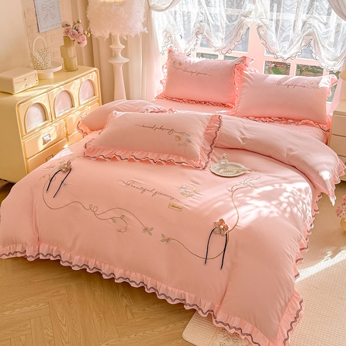 91家纺网 家纺一手货源 找家纺 专柜品质苏米娜家纺2026春夏韩版法式公主风水洗棉床盖款多功能二合一被套 夏被床盖四件套--花颜系列 花颜-樱花粉 