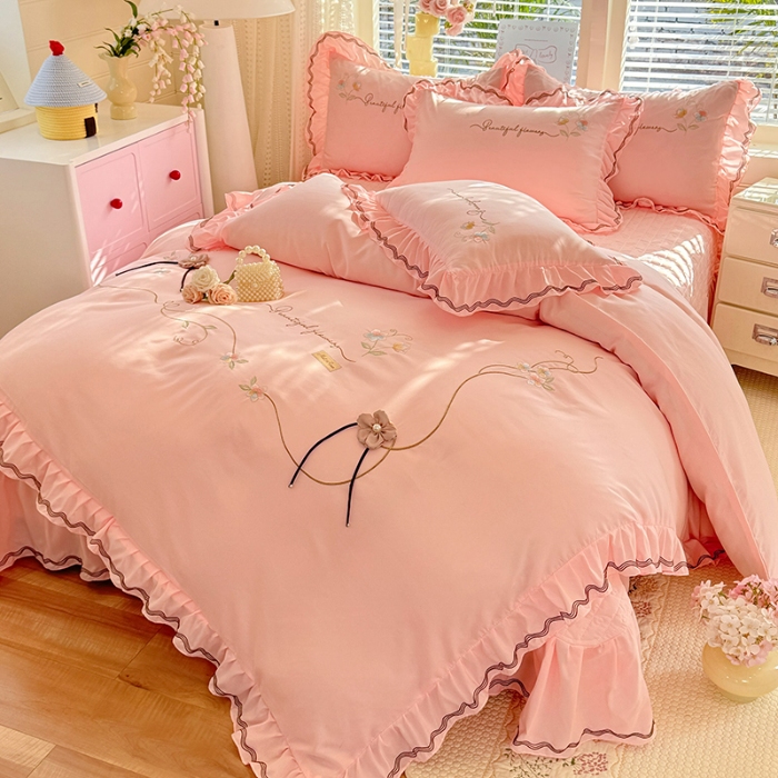 91家纺网 家纺一手货源 找家纺 专柜品质苏米娜家纺2026春夏韩版法式公主风水洗棉床盖款多功能二合一被套 夏被床盖四件套--花颜系列 花颜-樱花粉 