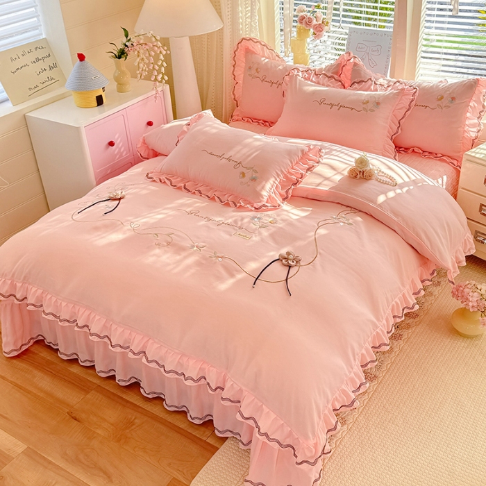 91家纺网 家纺一手货源 找家纺 专柜品质苏米娜家纺2026春夏韩版法式公主风水洗棉床盖款多功能二合一被套 夏被床盖四件套--花颜系列 花颜-樱花粉 