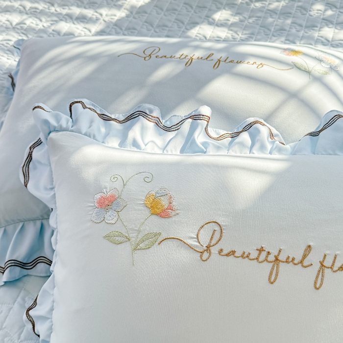 91家纺网 家纺一手货源 找家纺 专柜品质苏米娜家纺2026春夏韩版法式公主风水洗棉床盖款多功能二合一被套 夏被床盖四件套--花颜系列 花颜-梦幻蓝 