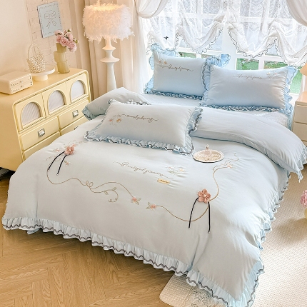 专柜品质苏米娜家纺2026春夏韩版法式公主风水洗棉床盖款多功能二合一被套 夏被床盖四件套--花颜系列 花颜-梦幻蓝 
