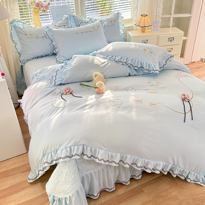 91家纺网 家纺一手货源 找家纺 专柜品质苏米娜家纺2026春夏韩版法式公主风水洗棉床盖款多功能二合一被套 夏被床盖四件套--花颜系列 花颜-梦幻蓝 