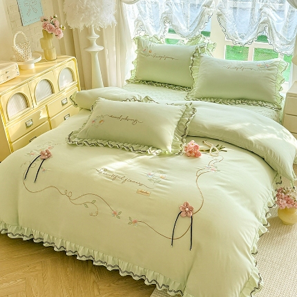 专柜品质苏米娜家纺2026春夏韩版法式公主风水洗棉床盖款多功能二合一被套 夏被床盖四件套--花颜系列 花颜-嫩芽绿 