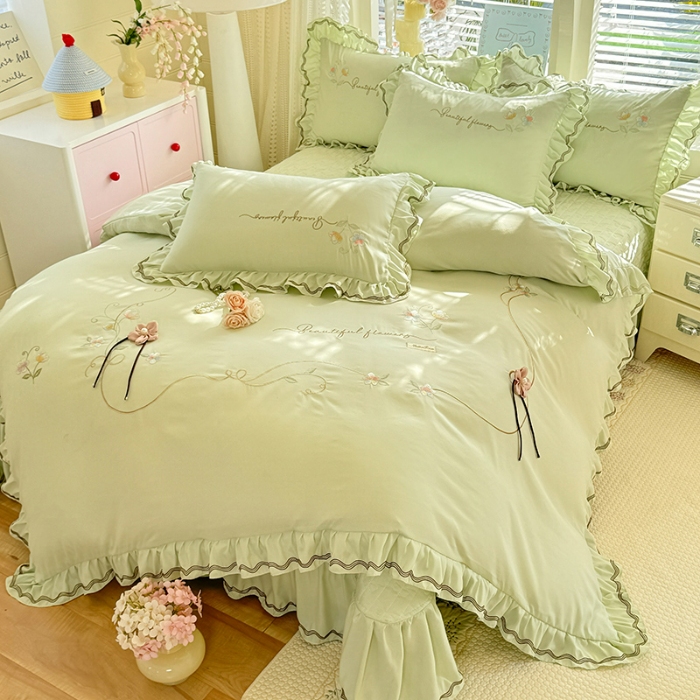 91家纺网 家纺一手货源 找家纺 专柜品质苏米娜家纺2026春夏韩版法式公主风水洗棉床盖款多功能二合一被套 夏被床盖四件套--花颜系列 花颜-嫩芽绿 