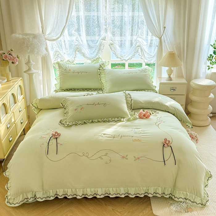 91家纺网 家纺一手货源 找家纺 专柜品质苏米娜家纺2026春夏韩版法式公主风水洗棉床盖款多功能二合一被套 夏被床盖四件套--花颜系列 花颜-嫩芽绿 