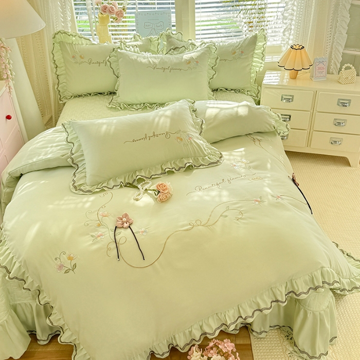 91家纺网 家纺一手货源 找家纺 专柜品质苏米娜家纺2026春夏韩版法式公主风水洗棉床盖款多功能二合一被套 夏被床盖四件套--花颜系列 花颜-嫩芽绿 