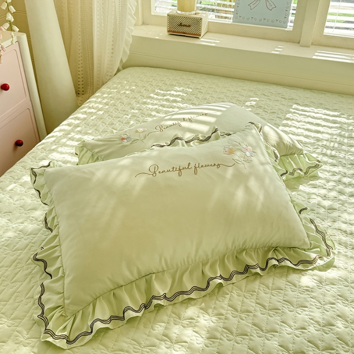 91家纺网 家纺一手货源 找家纺 专柜品质苏米娜家纺2026春夏韩版法式公主风水洗棉床盖款多功能二合一被套 夏被床盖四件套--花颜系列 花颜-嫩芽绿 