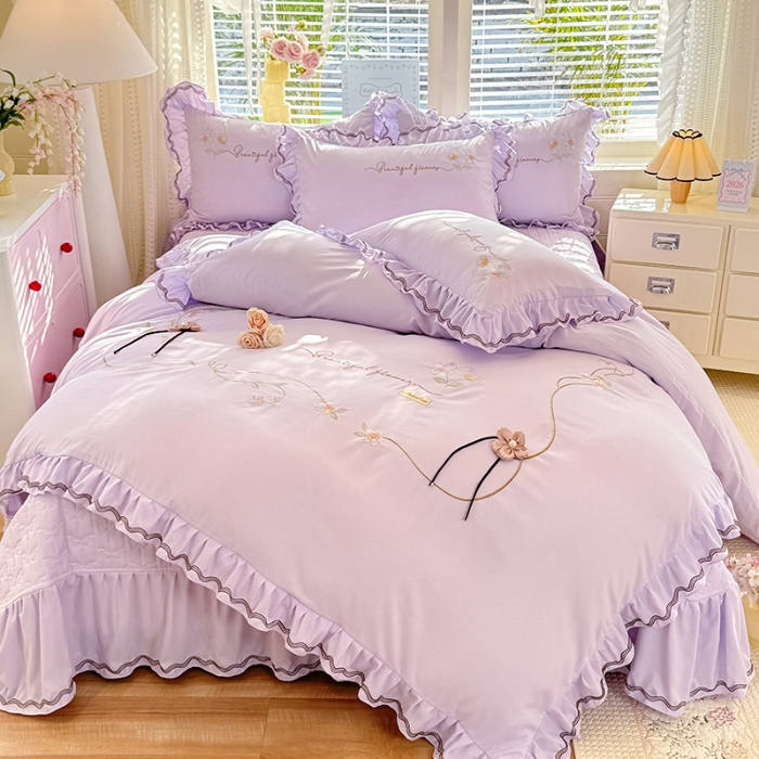 91家纺网 家纺一手货源 找家纺 专柜品质苏米娜家纺2026春夏韩版法式公主风水洗棉床盖款多功能二合一被套 夏被床盖四件套--花颜系列 花颜-香芋紫