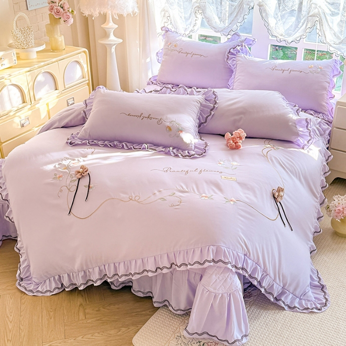 91家纺网 家纺一手货源 找家纺 专柜品质苏米娜家纺2026春夏韩版法式公主风水洗棉床盖款多功能二合一被套 夏被床盖四件套--花颜系列 花颜-香芋紫