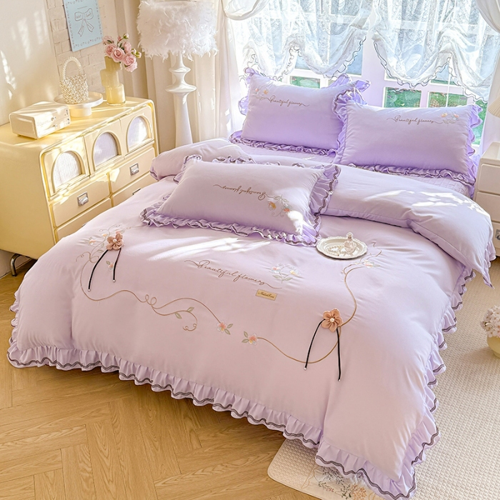 91家纺网 家纺一手货源 找家纺 专柜品质苏米娜家纺2026春夏韩版法式公主风水洗棉床盖款多功能二合一被套 夏被床盖四件套--花颜系列 花颜-香芋紫