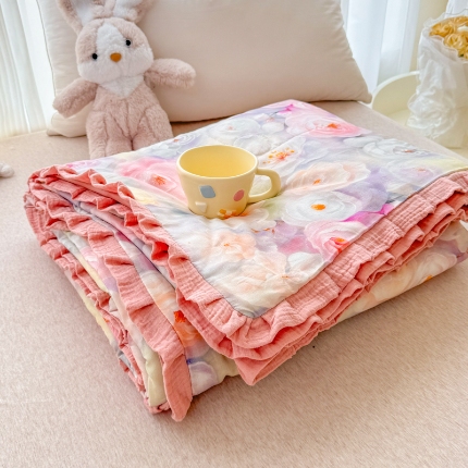 91家纺网 家纺一手货源 找家纺 （总）2026高端法式韩版花边A类母婴级印花全棉双层纱单夏被子清新公主风荷叶边纯棉双层纱夏凉被空调被春秋被