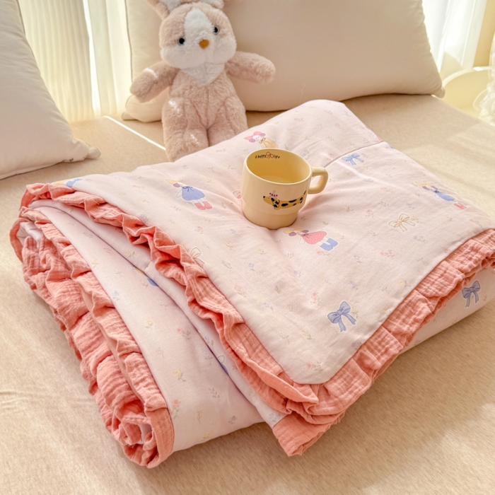 91家纺网 家纺一手货源 找家纺 （总）2026高端法式韩版花边A类母婴级印花全棉双层纱单夏被子清新公主风荷叶边纯棉双层纱夏凉被空调被春秋被