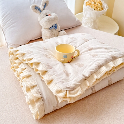 2026高端法式韩版花边A类母婴级印花全棉双层纱单夏被子清新公主风荷叶边纯棉双层纱夏凉被空调被春秋被 兔宝宝