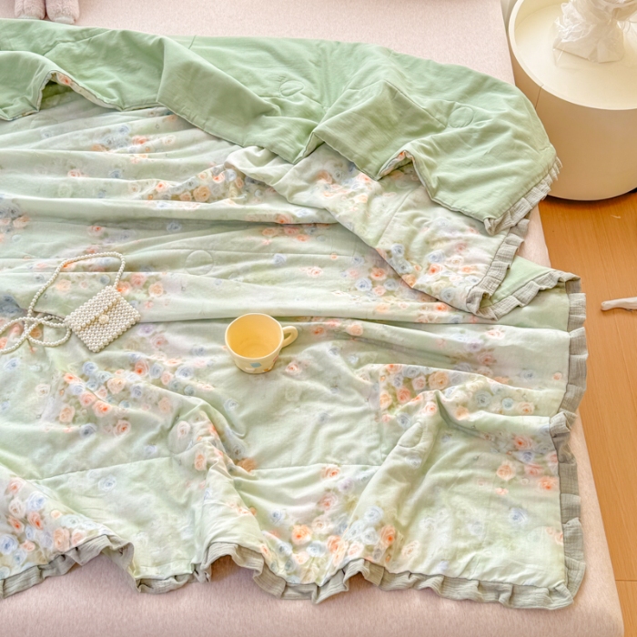 91家纺网 家纺一手货源 找家纺 2026高端法式韩版花边A类母婴级印花全棉双层纱单夏被子清新公主风荷叶边纯棉双层纱夏凉被空调被春秋被 月光蔷薇