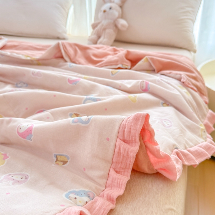 91家纺网 家纺一手货源 找家纺 2026高端法式韩版花边A类母婴级印花全棉双层纱单夏被子清新公主风荷叶边纯棉双层纱夏凉被空调被春秋被 萌宝