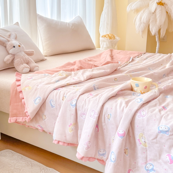 91家纺网 家纺一手货源 找家纺 2026高端法式韩版花边A类母婴级印花全棉双层纱单夏被子清新公主风荷叶边纯棉双层纱夏凉被空调被春秋被 萌宝