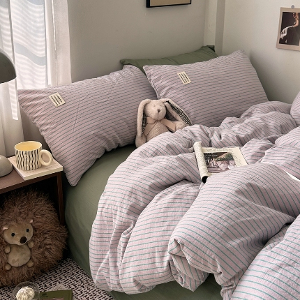 91家纺网 家纺一手货源 找家纺 （总）艾咪-Amy ntmy 2026新款布标条纹款全棉纯棉色织水洗棉四件套