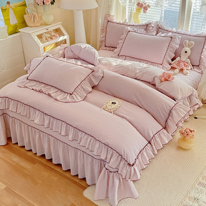 91家纺网 家纺一手货源 找家纺 苏米娜2026春夏新品韩版公主风超柔水洗棉床盖四件套刺绣针织棉双层纱纯棉棉麻全棉公主风床盖款四件套