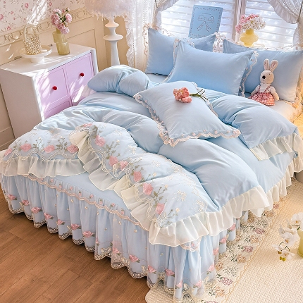 91家纺网 家纺一手货源 找家纺 苏米娜 2026春夏超柔水洗棉床裙款四件套-唯爱系列