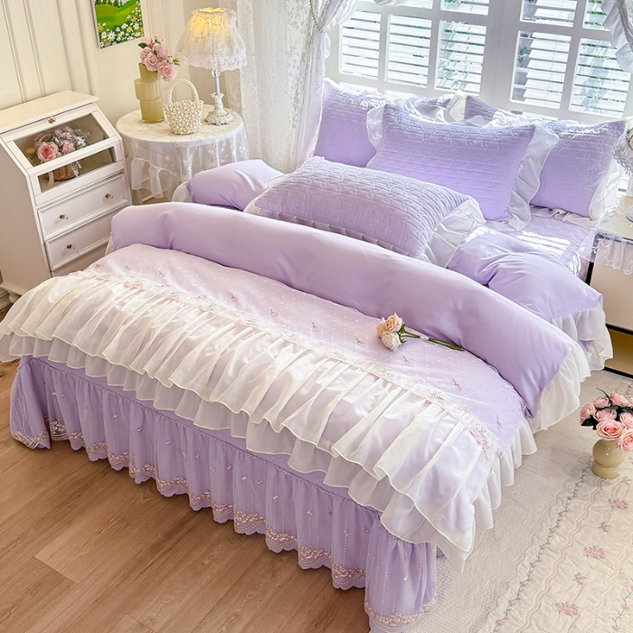 91家纺网 家纺一手货源 找家纺 （总）苏米娜2026春夏新品韩版公主风小清新水洗棉床盖四件套针织棉双层纱纯棉棉麻全棉公主风床盖款四件套