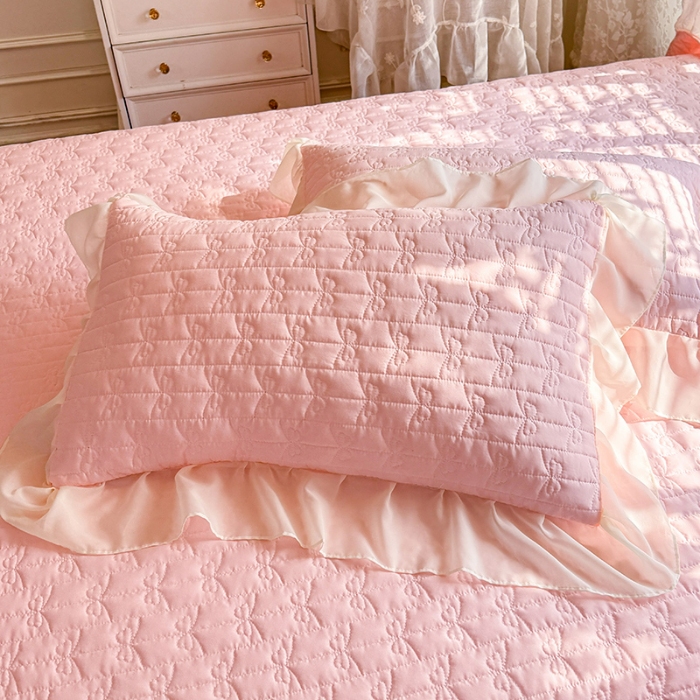 91家纺网 家纺一手货源 找家纺 苏米娜2026春夏新品韩版公主风小清新水洗棉床盖四件套针织棉双层纱纯棉棉麻全棉公主风床盖款四件套 花漾甜心-樱花粉